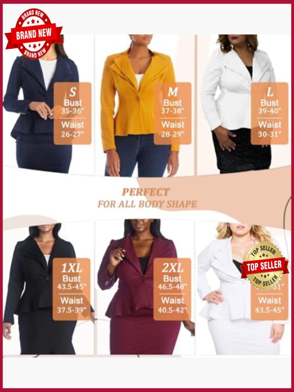 Peplum Blazer - Single Button Notch Lapel - Stretch Fabric Office - Picture 4 of 7